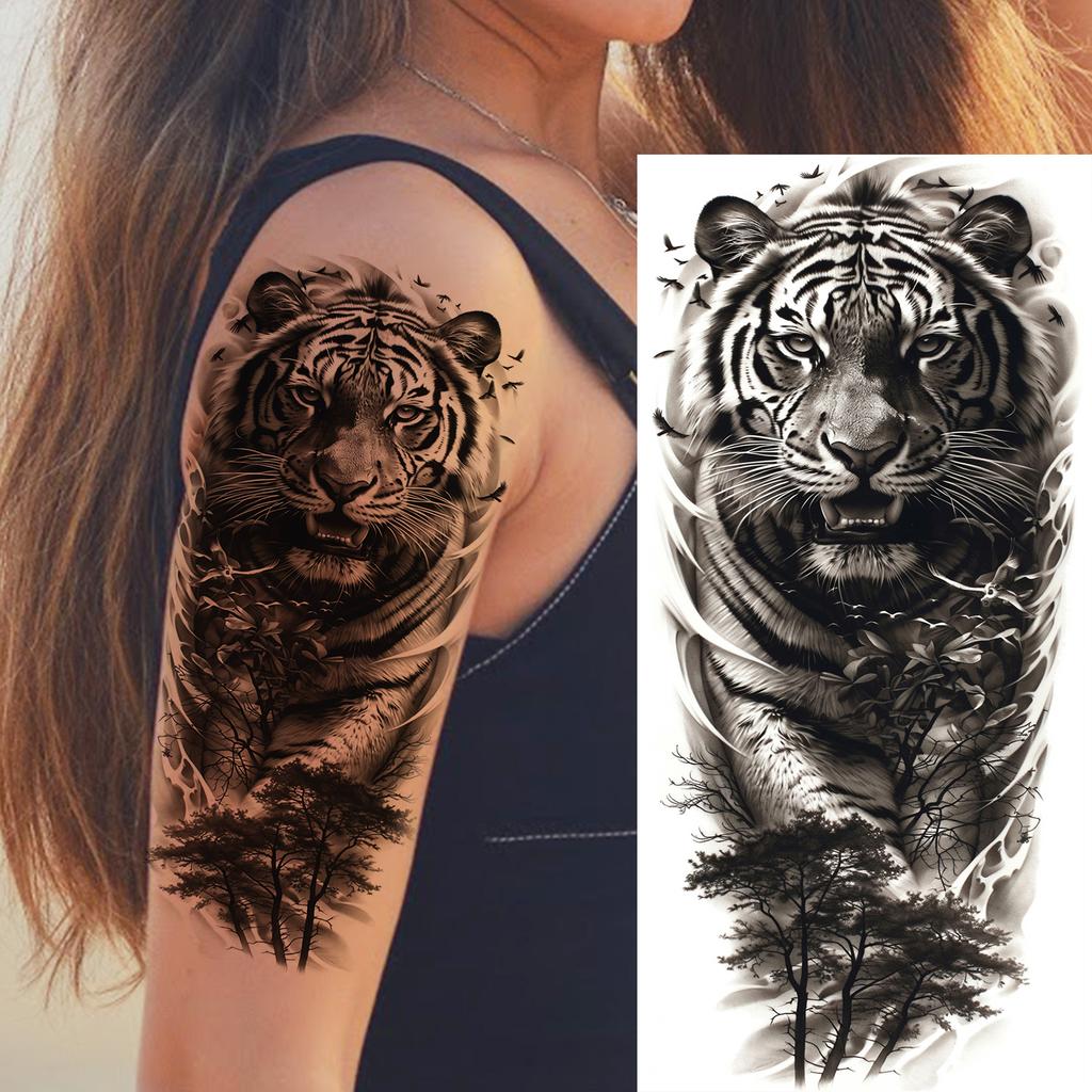 1 Sheet Realistic Fake Tiger Temporary Tattoos Sticker For Men Women Adults Water Transfer Transferable Tattoo Sleeve Waist Arm