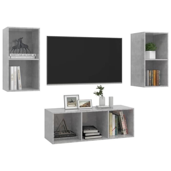 VidaXL Ensemble de meuble TV 3 pcs, Gris béton Aggloméré