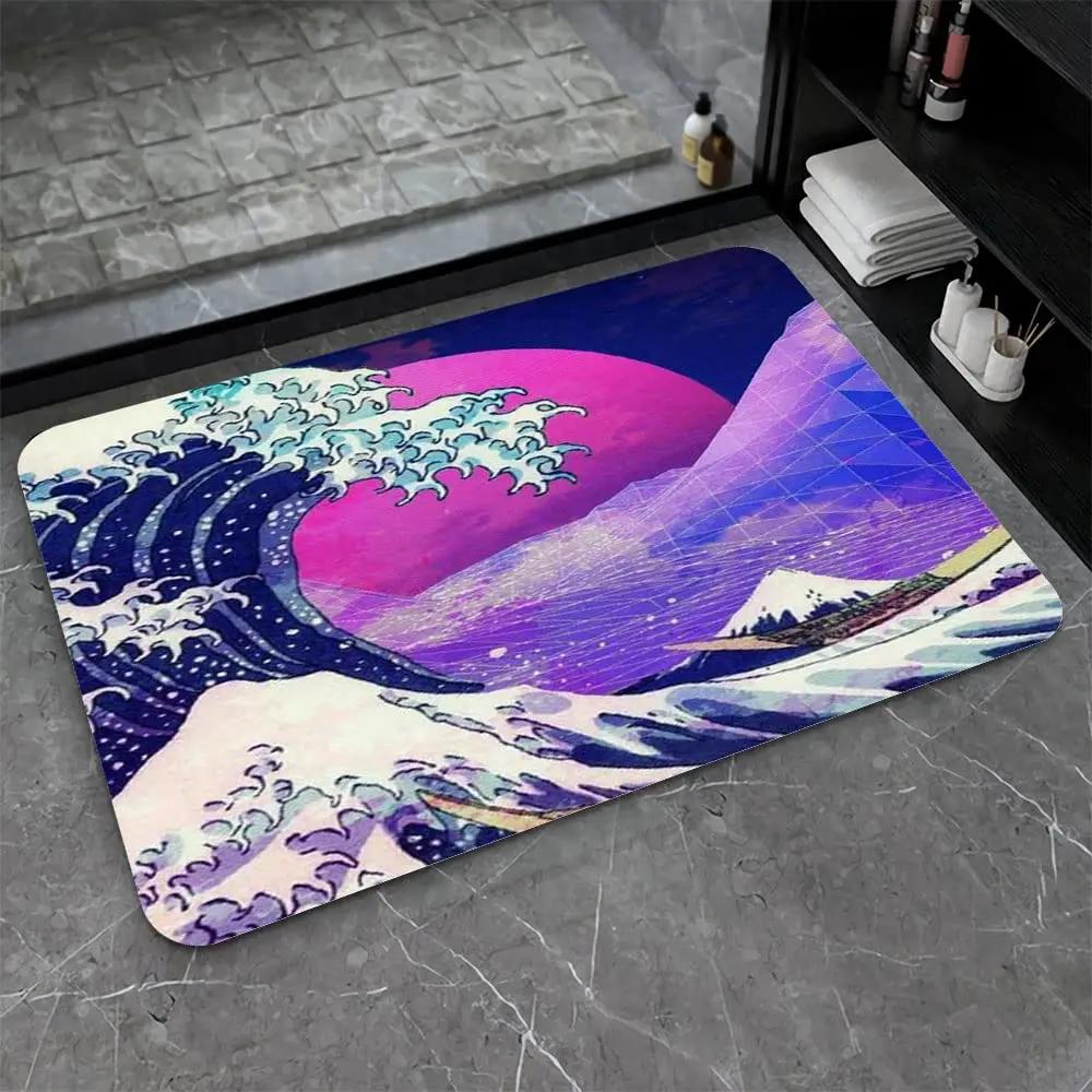 Japanese Ocean Wave Carpet Ukiyo-E Nautical Area Rug Cherry Blossoms Mount Fuji Floor Mat Red Sun Gold Sky Mats Home Doormat
