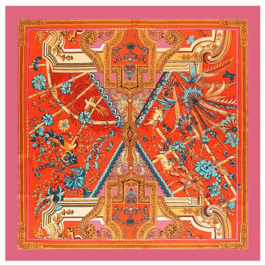 

130CM Silk Scarf Women Large Shawls Palace Floral Print Square Bandana Luxury Kerchief Hijab Scarf Female Foulards 130x130cm