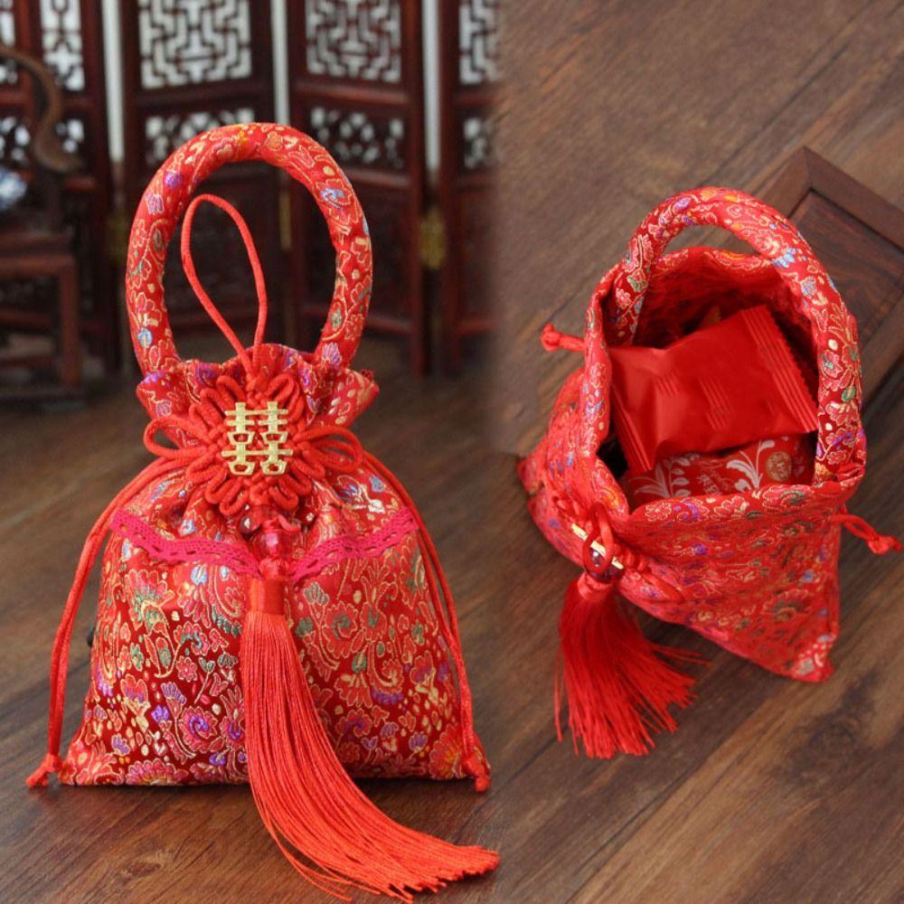 Chinese Style Flower Drawstring Bag Candy Storage Festive Sugar Bag Canvas Tassel Handbag Party