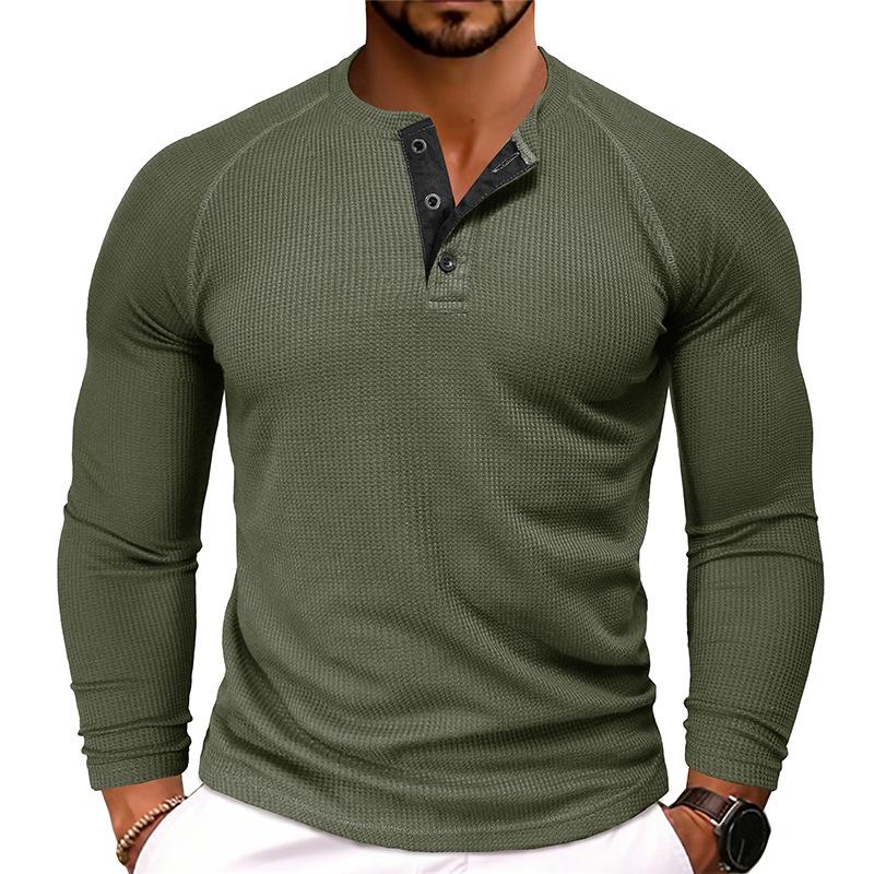 Men's Autumn/Winter Waffle Knit Round Neck Raglan Henley Long Sleeve Base Layer T-shirt
