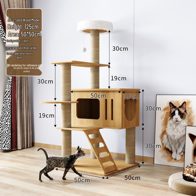 Solid Wood Large Cat Tree with Space Capsule and Jumping Platform