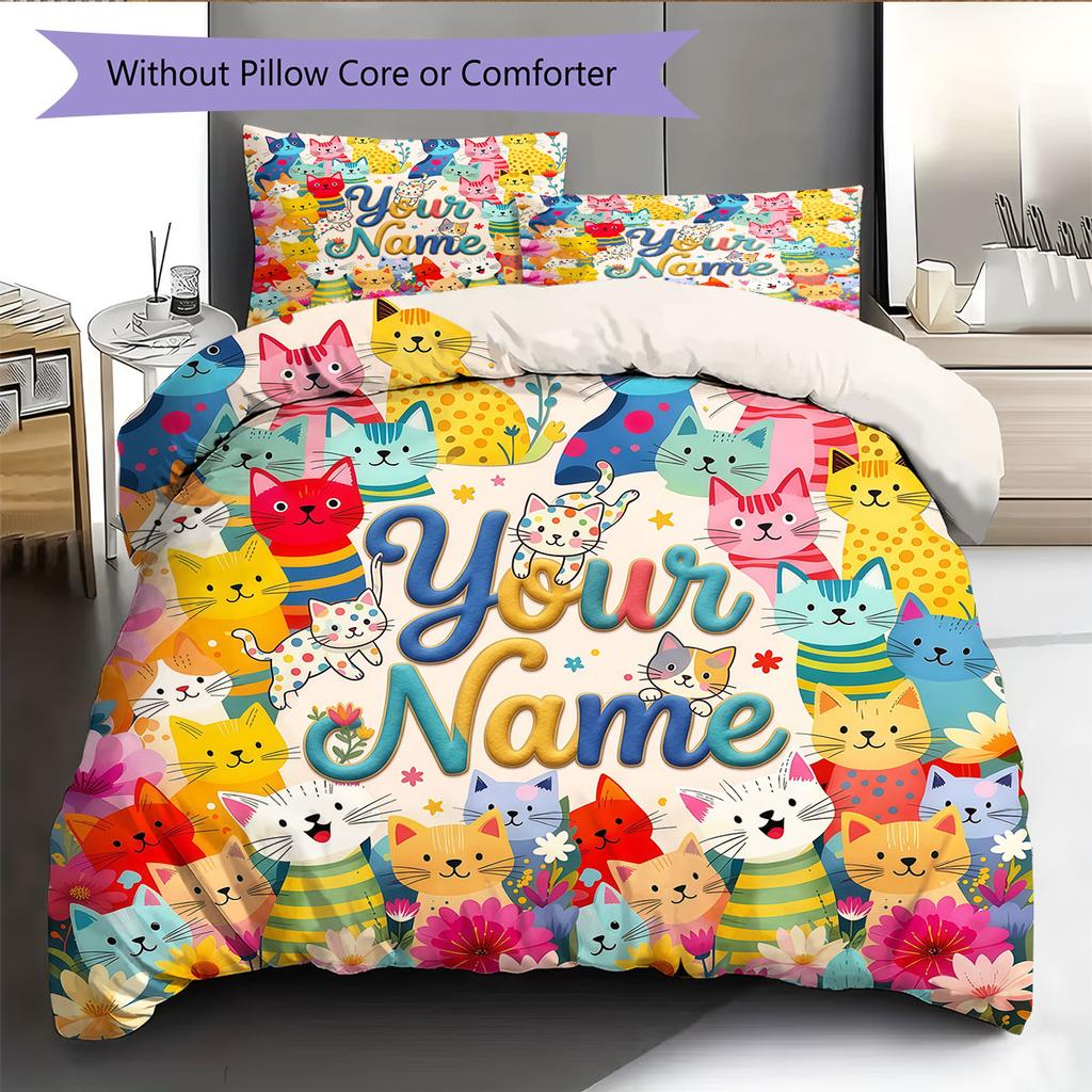 Custom Name,Cute Cartoon Cat Pattern Bedding Home Decoration Birthday Gift ( 1 duvet cover + 2 pillowcase, without core),fan merchandise.