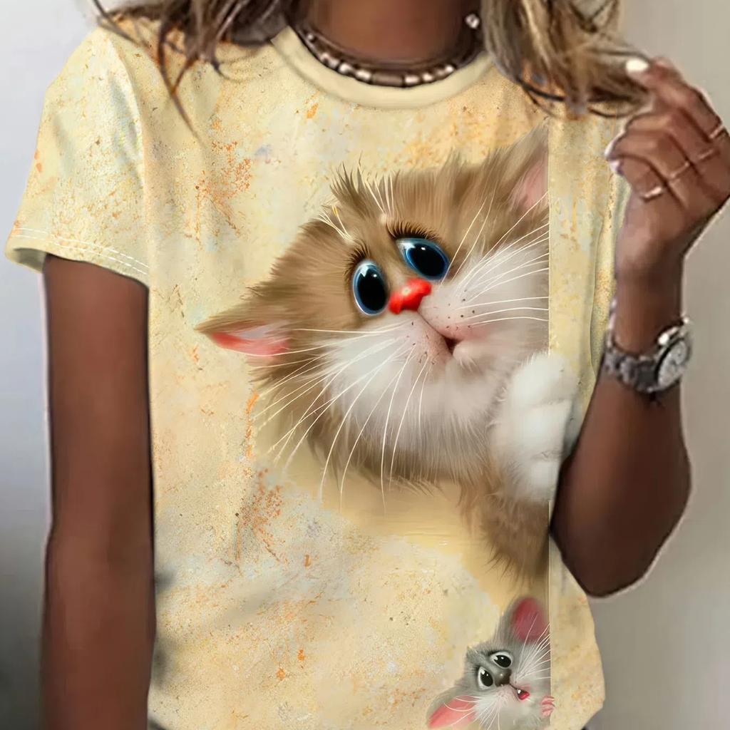 Lustige Damen-T-Shirts mit Cartoon-Hund, Zeichentrickfiguren, süßes T-Shirt mit 3D-Druck, lässiges Kurzarm-Oberteil mit Rundhalsausschnitt, weibliche Kleidung