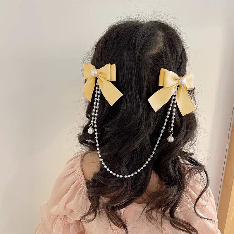 Pearl Bow Tassel Hair Clip Elegant Solid Color Hair Claw Children Princess Hairpins  Beauty Hair Accessories