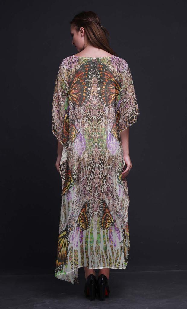Phagun Butterflies & Leopard Animal Skin Beach Kaftan Bikini Cover Up Womena    S Maxi Dress Long