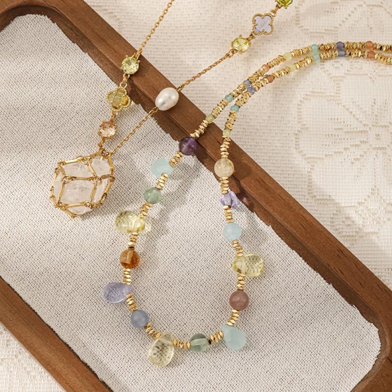 Gentle Water Drop Natural Stone Beaded Layered Necklace Handmade Mesh Crystal Long Choker Set Of 2