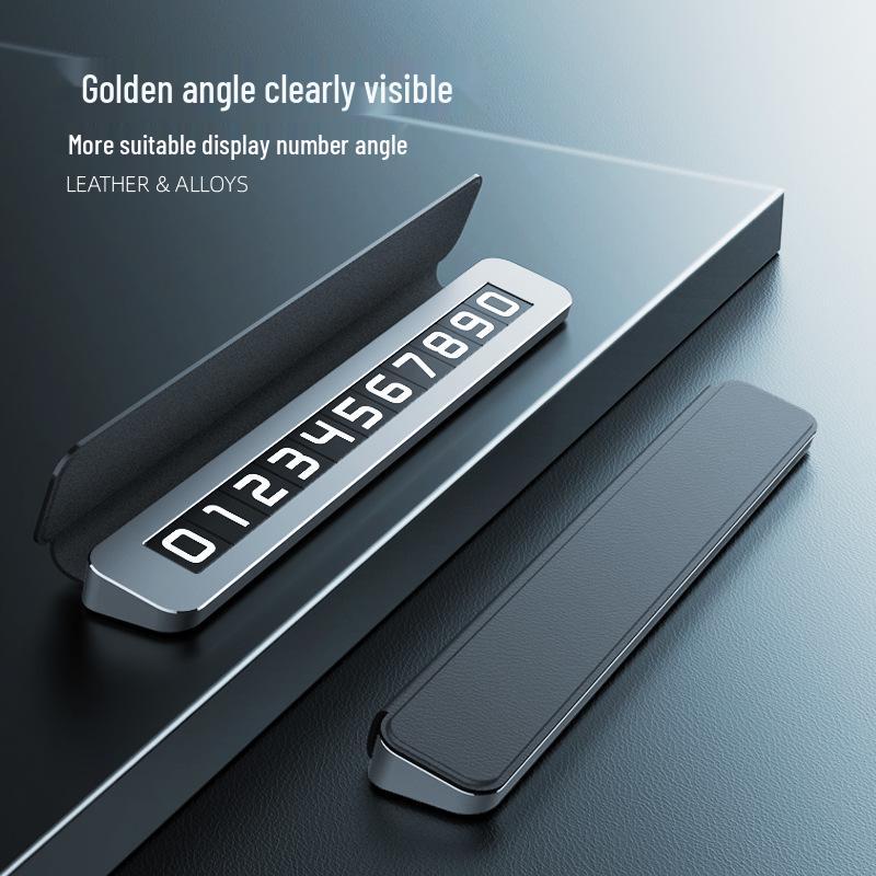 Premium Leather and Alloy Car Temporary Parking Sign with Concealable Phone Number Plate