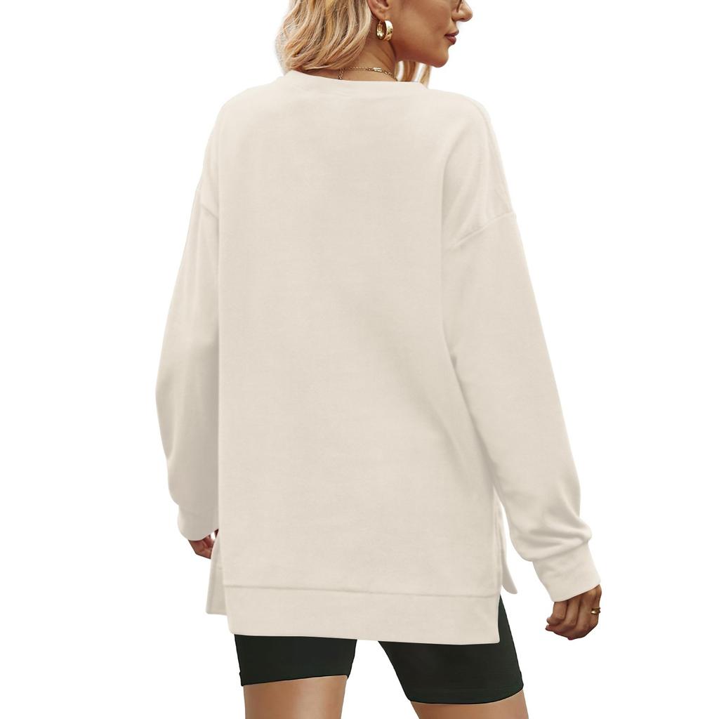 Women's Fashion Solid Color V-Neck Side Split Round Neck Pullover Long Sleeve Top Sweatshirt