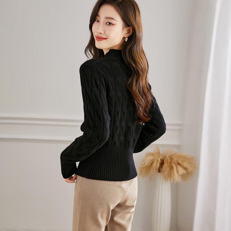 Srcr Women's Short 100% Wool Cable Knit Mock Neck Sweater