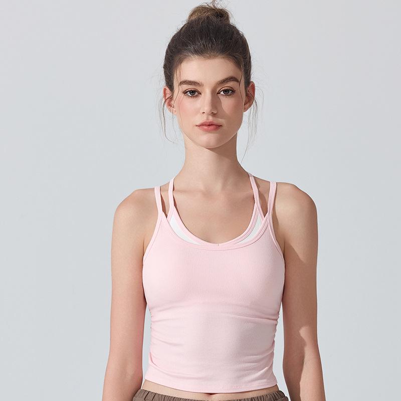 

Ribbed Strappy Racerback Yoga Vest with Chest Pads - Skin-friendly Sports Bra L