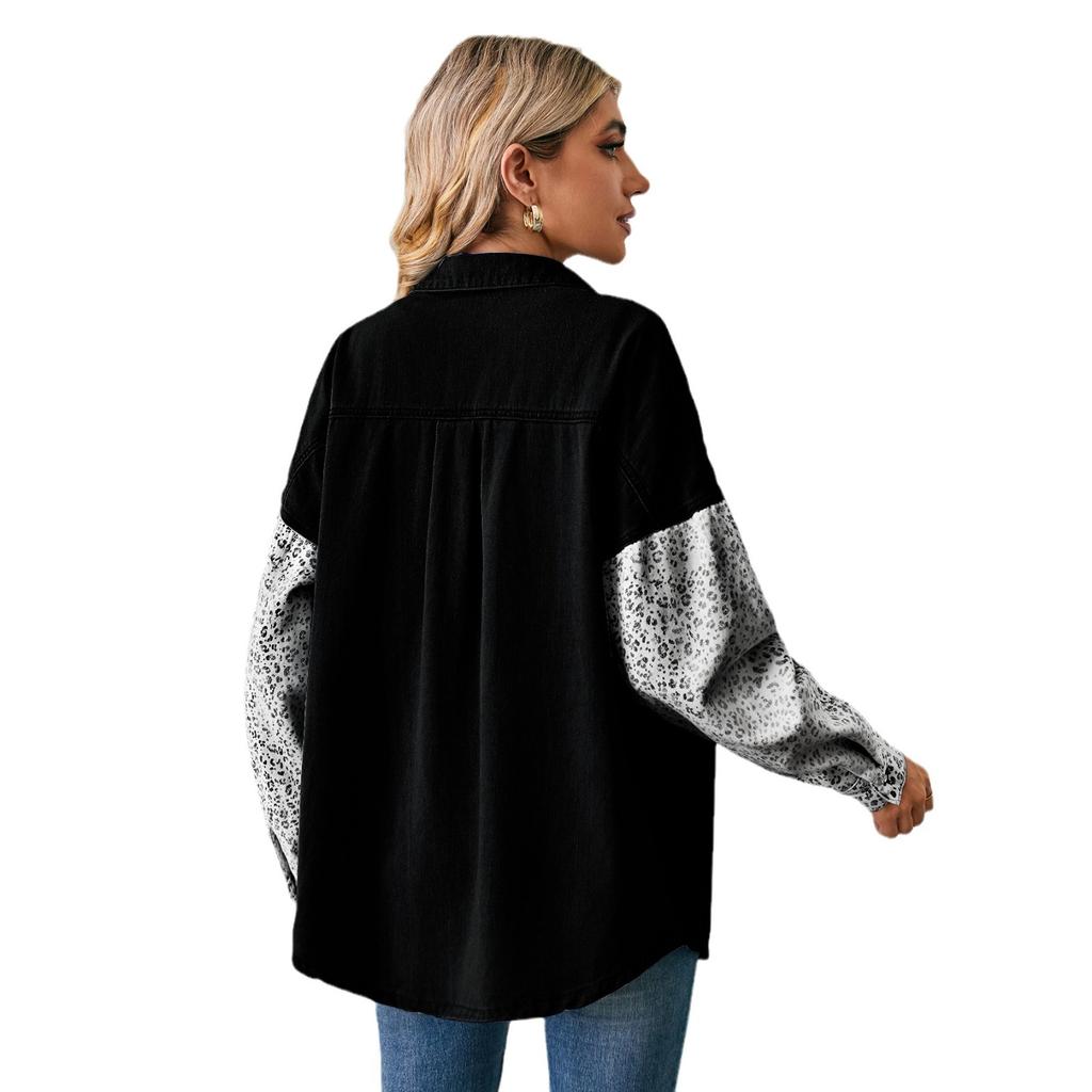 GMXIA Frühling Herbst Langarm Lose POLO Neck Leopard Print Patchwork Denim Hemd Langarm Top Strickjacke