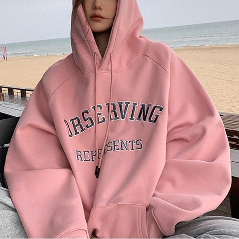 Women's Hooded Long Sleeve Sweatshirt Loose Fit Letter Printed Pullover Hoodie Couple Autumn Daily Outerwear