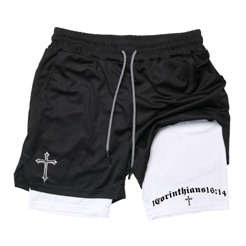 MDHAO xin nan zhuang  3D txu Kruisprint 2-in-1 Trainings- en Hardloopshorts voor Mannen Christelijk Atletisch Ademende Prestatieshorts met Telefoonvakje Handdoeklus XL