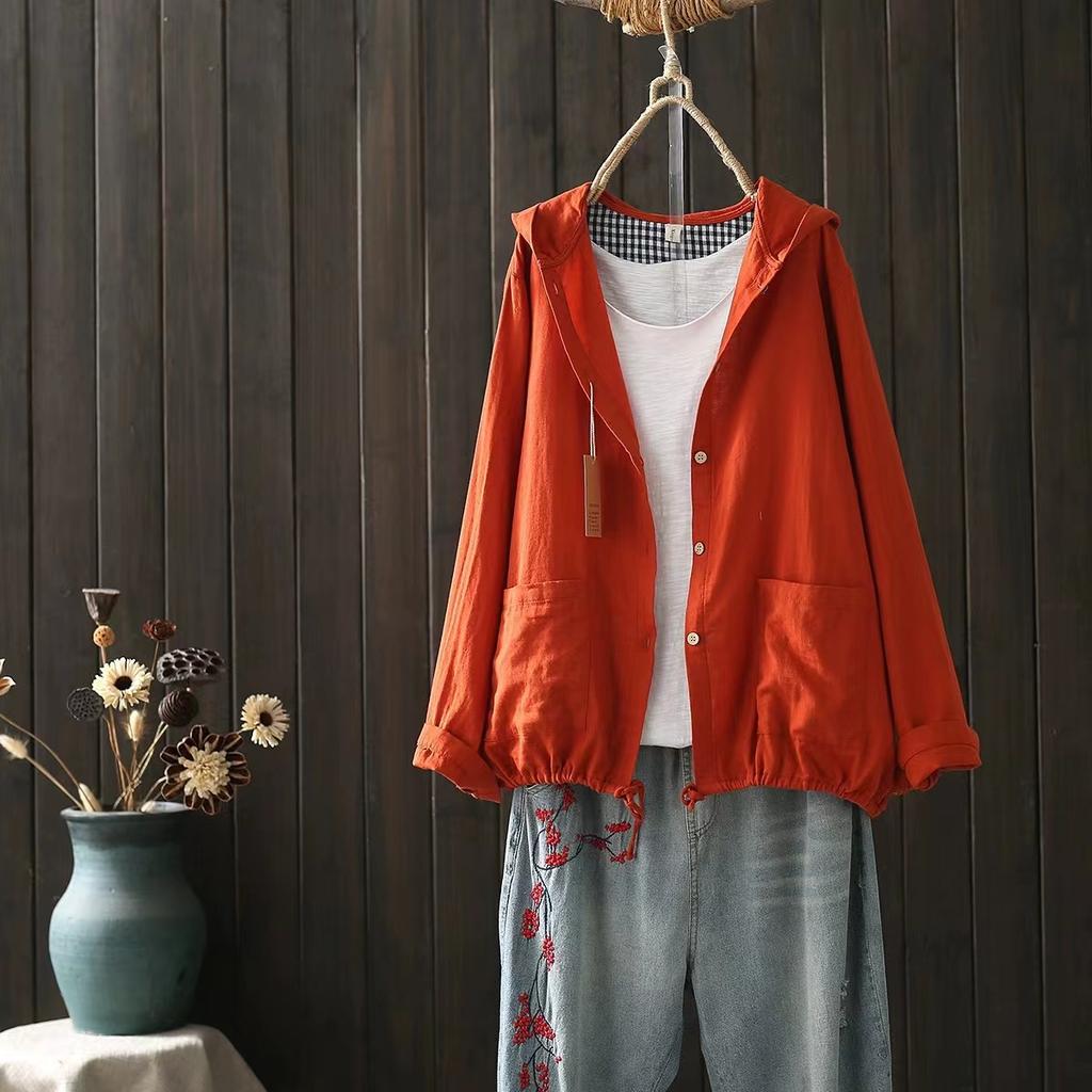 Cotton Yarn Shirts Large Size Tops Women Japan Style Hooded Long Sleeve Shirts and Blouses Loose Hoodies Outwear
