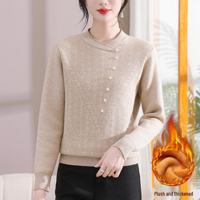 2024 Velvet-Enhanced Knit Sweater: Warm, Fashionable Round-Neck Chinese Style for Autumn/Winter
