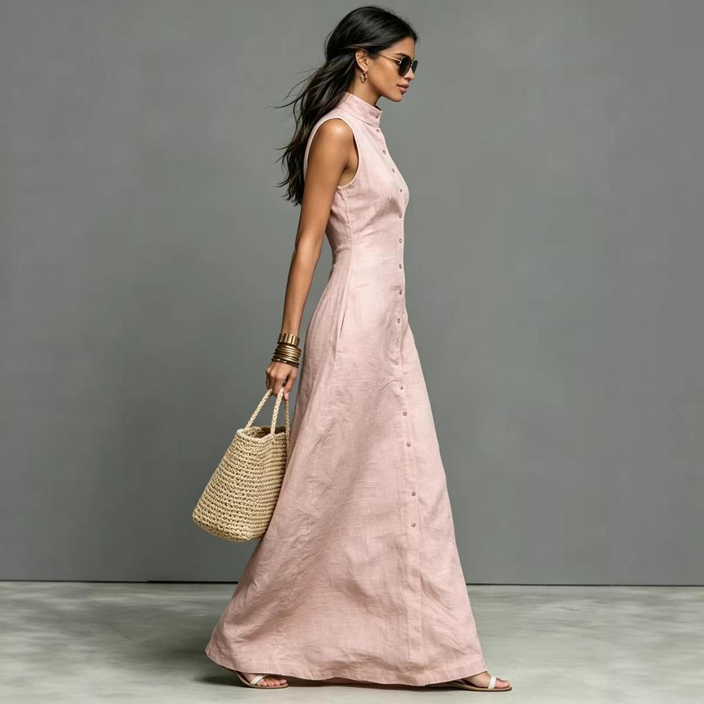 Damen ärmelloses Maxikleid mit hohem Kragen und Knöpfen, einfarbig, lässig, locker sitzend, Sommerkleid