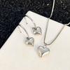 Silver Plated 3D Heart Pendant Necklace & Hoop Earring Jewelry Set, Minimalist Box Chain Set for Women