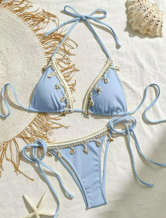 European & American 2025 Women's Solid Color Lace-Up Sexy Three-Piece Bikini Swimsuit