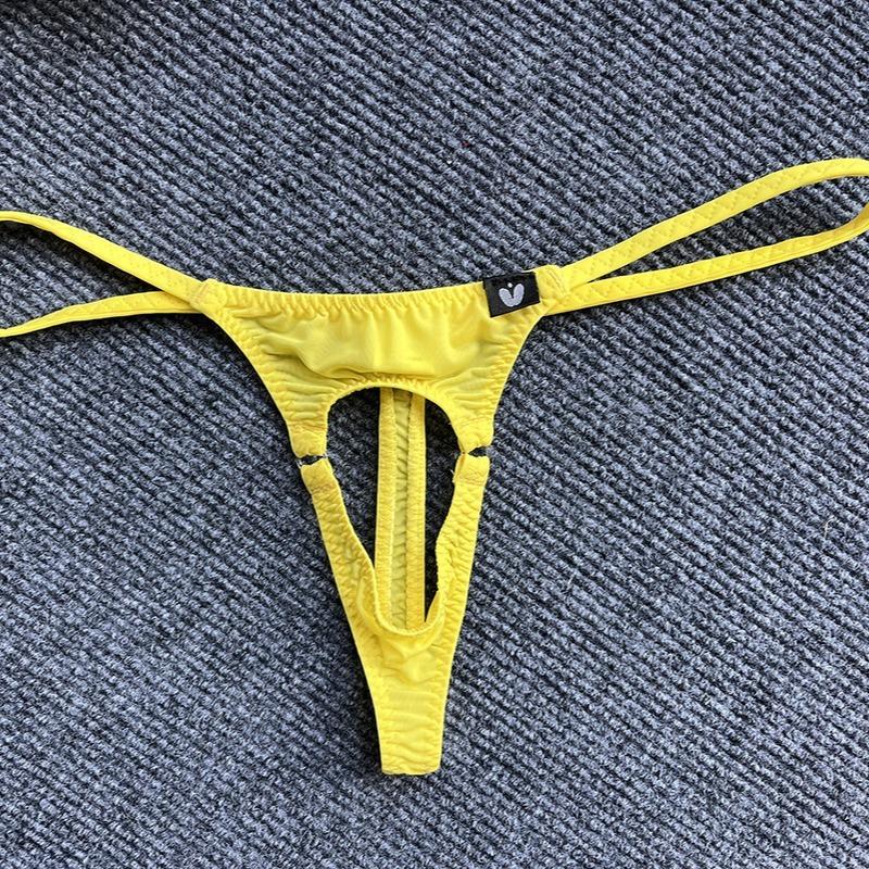 Penis Hole G-String Men Sexy Cock Ring Underwear Erotic Lingerie Low Rise T-Back Thongs Ice Silk Underpants Open Butt Panties
