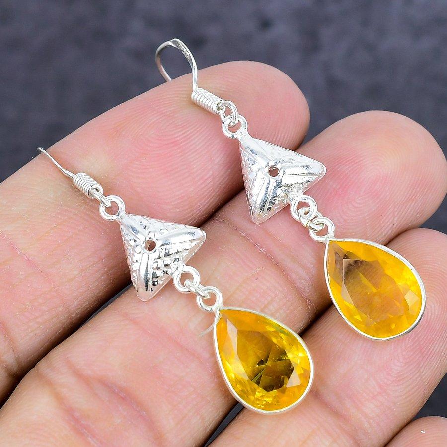 Natural Citrine Gemstone Handmade 925 Sterling Silver Jewelry Earring 2.09" ETC-14100