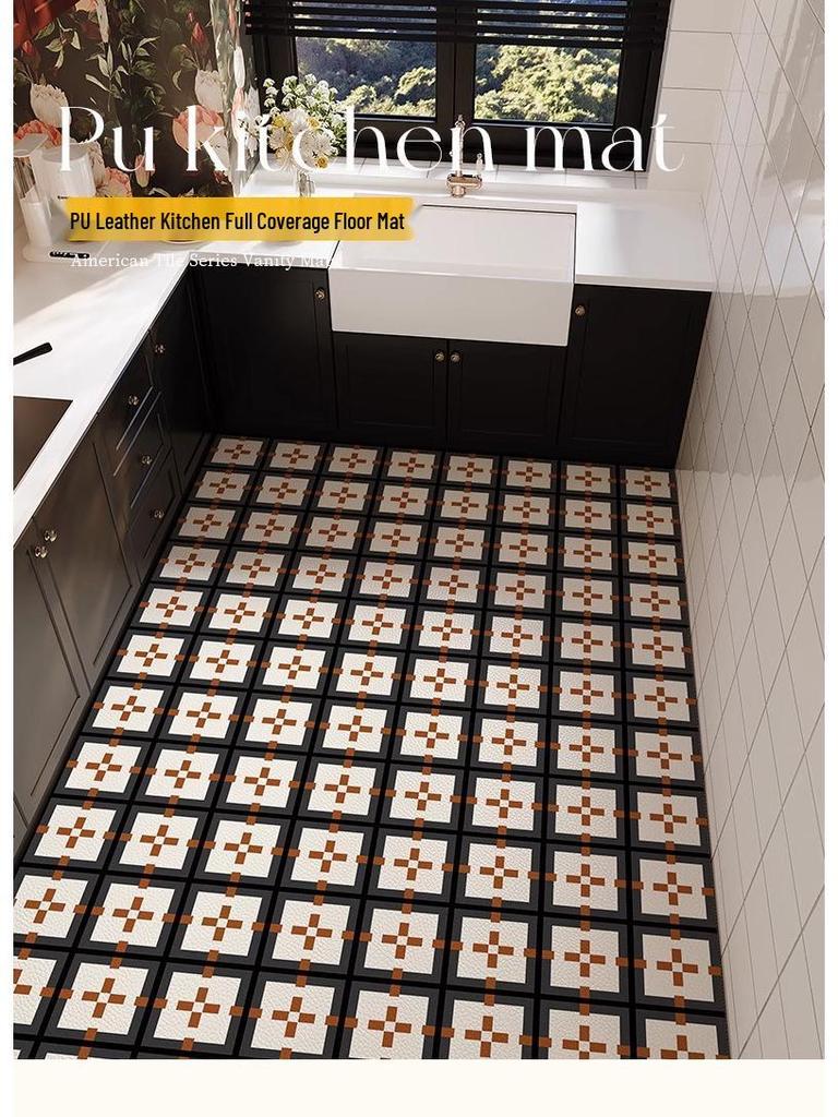 Nordic Style Waterproof Oil-Proof Leather Kitchen Rug - Full Coverage, Easy-Clean, Rectangular Patterned Mat