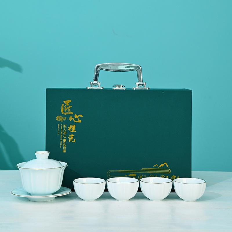 Dehua Suet Jade Porcelain Kung Fu Tea Set Gift Box, Thousands of Miles of Jiangshan, the Whole Set of Activities Accompanied by Hand Gifts