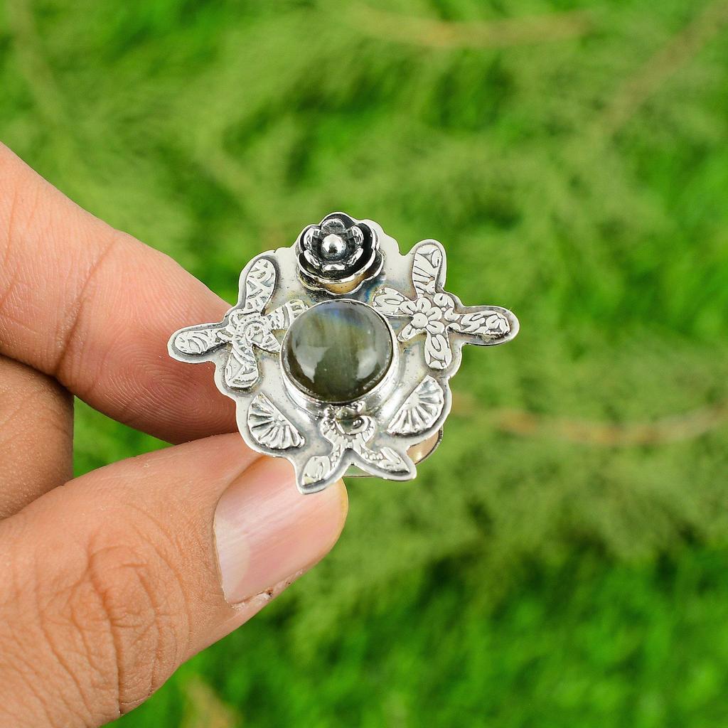 Labradorite Gemstone Birthday Flower Statement Ring Jewelry 925 Sterling Silver