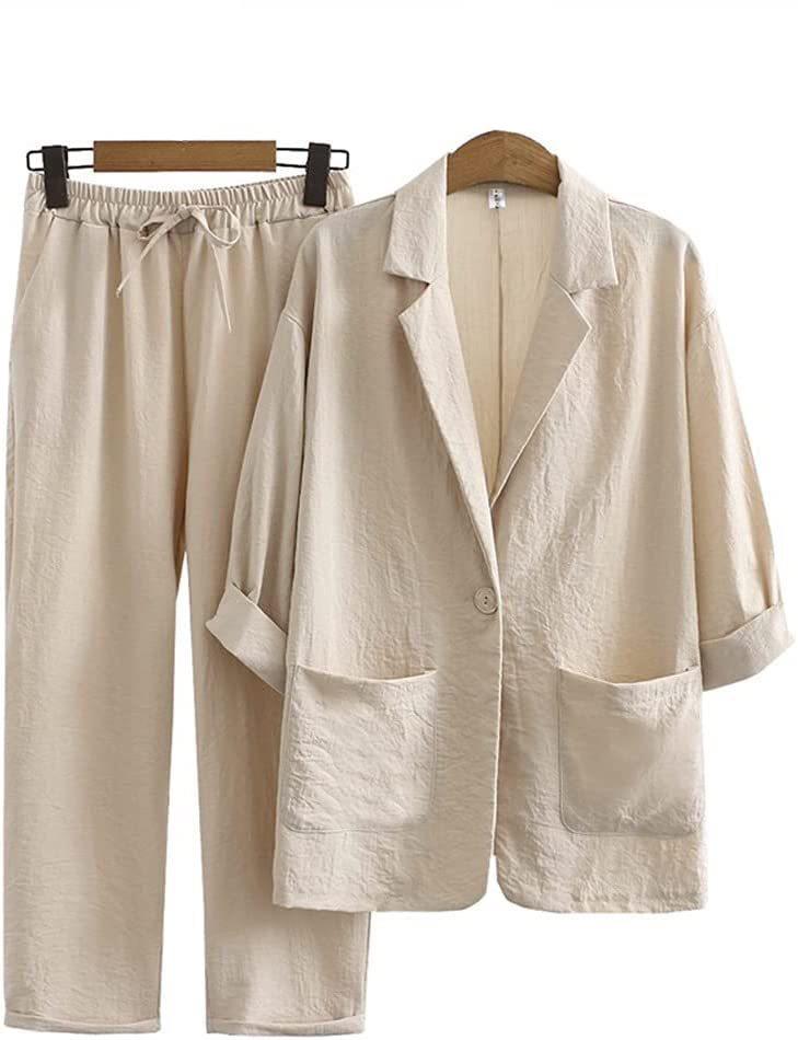 2024 European & American Women's Autumn Cotton-Linen Commuter Suit: Loose Jacket & Pants Set