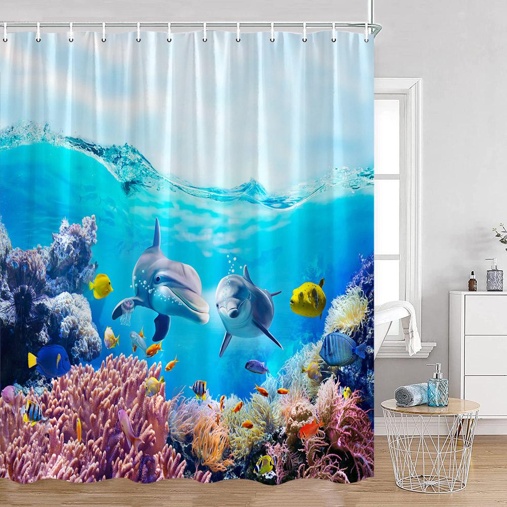 Ocean Animals Shower Curtains Undersea Tropical Fish Dolphins Coral Under Sea Home Decorations Summer Bath Curtains with Hooks