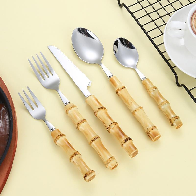 304 Stainless Steel Dinner Knife, Fork, Dessert Spoon, Natural Bamboo Handle Dinnerware Sets, Western Style Steak Cutlery Set