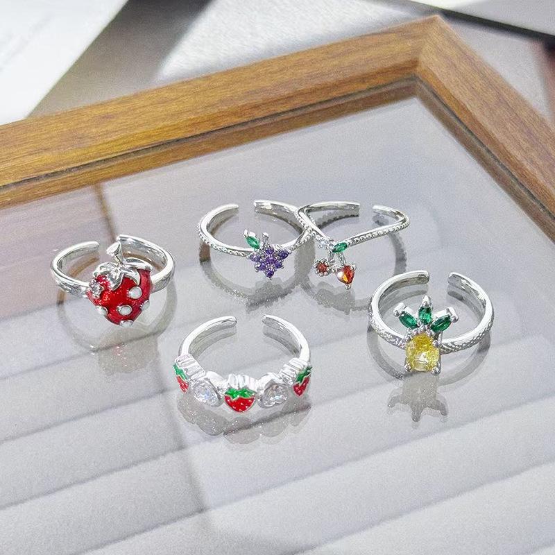 Fruit Series Grape Pineapple Cherry Strawberry Enamel Zir*****Pen Ring Niche High-End Feeling Stacked Ring Woman