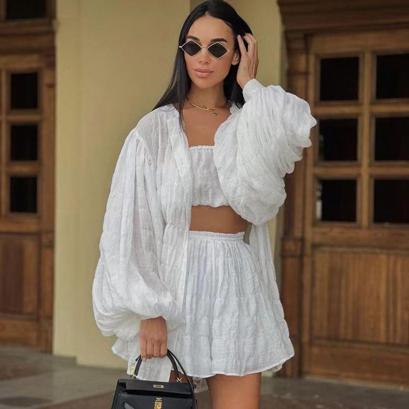Fashion Loose Shirt Tube Top Shorts Three-Piece Suit Three Pieces Piece Shirt Set Shorts