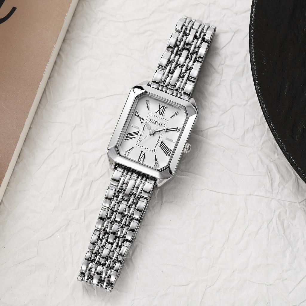 Fashion Light Luxury Square Roman Dial with Steel Strap for Women Quartz Watch for Christmas and Halloween Gifts