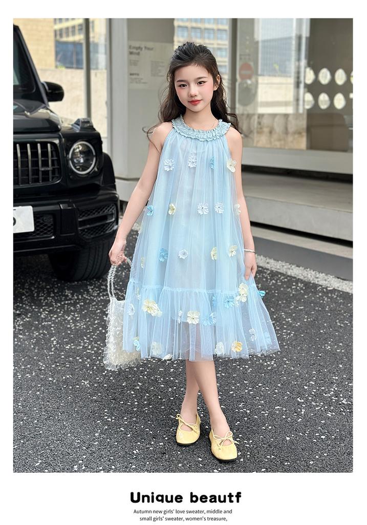 Girls' Blue Dress Summer Dress 2026 New Stylish Girls' Summer Mesh Princess Dress Children's Summer Dress