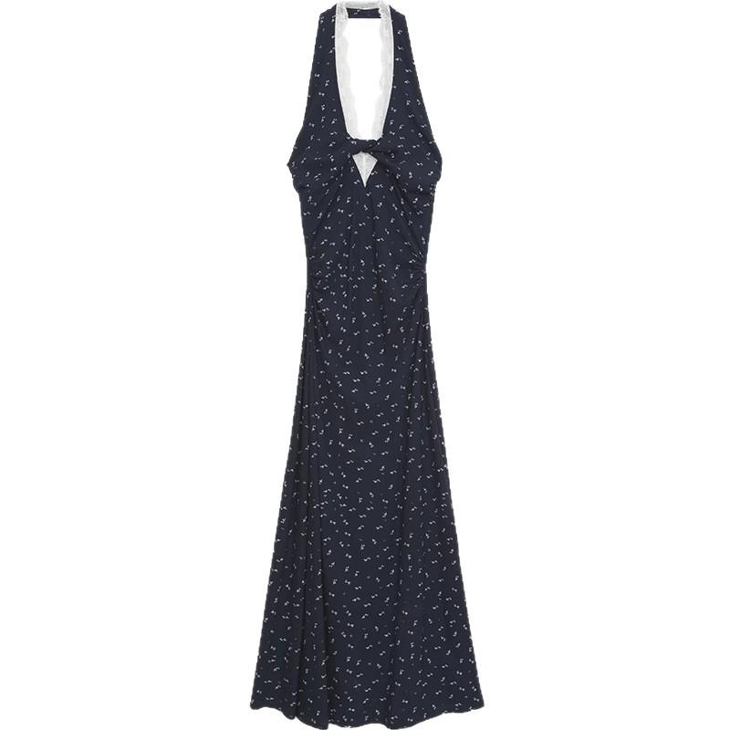 French Neck-hanging Waist Floral Suspender Dress Women's Summer Niche Design Sense Spice Girl Lace Splicing Coffee Break Dress