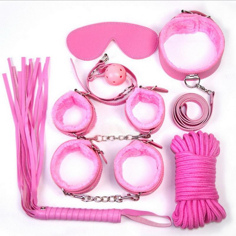 7pcs/set PU Leather Sex Bondage Set Toy Restraint Sex Toy Handcuffs Tied Rope Whip Collar Erotic
