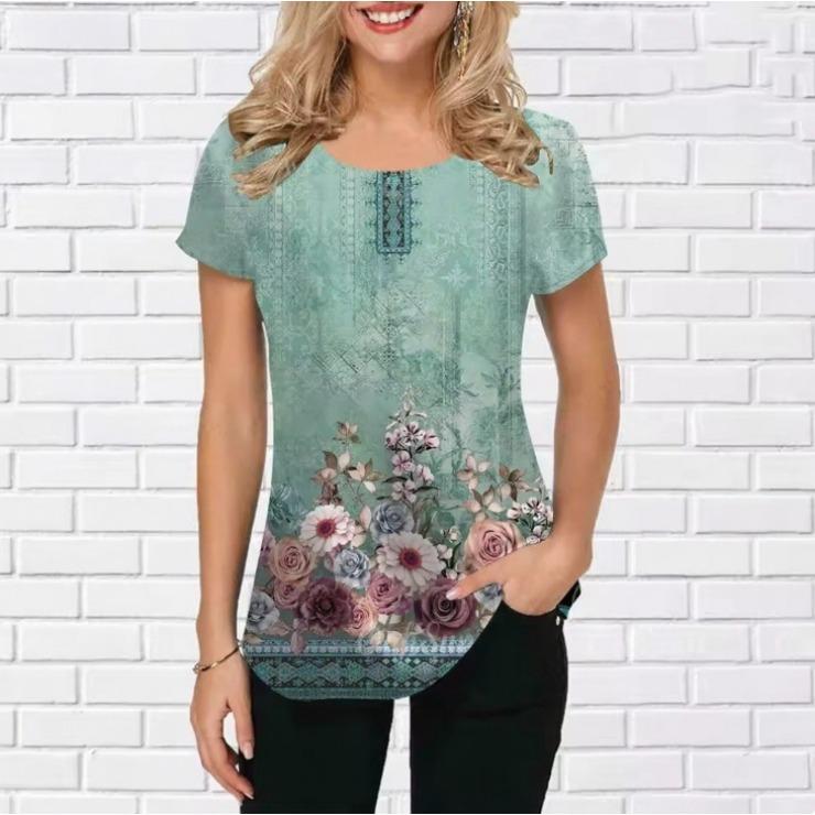 Summer Round Neck 3D Retro Floral pattern Print Top Fashionable Casual Short Sleeved Women's T-shirts