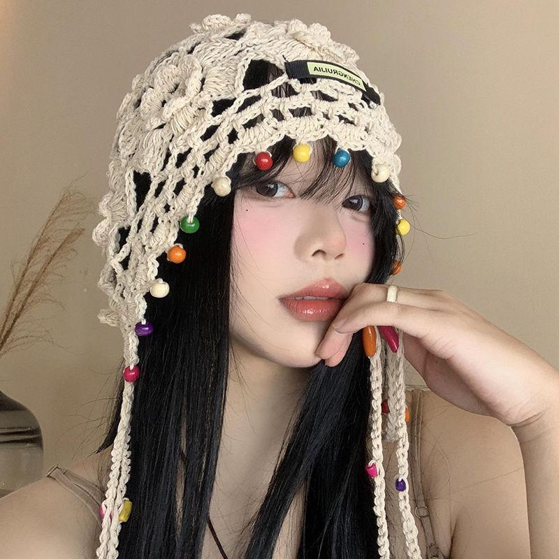 Bohemian Floral Tassel Woven Head Wrap Hat Women's Retro Hollow Ethnic Style Slouchy Hat Hand-Knit Cap