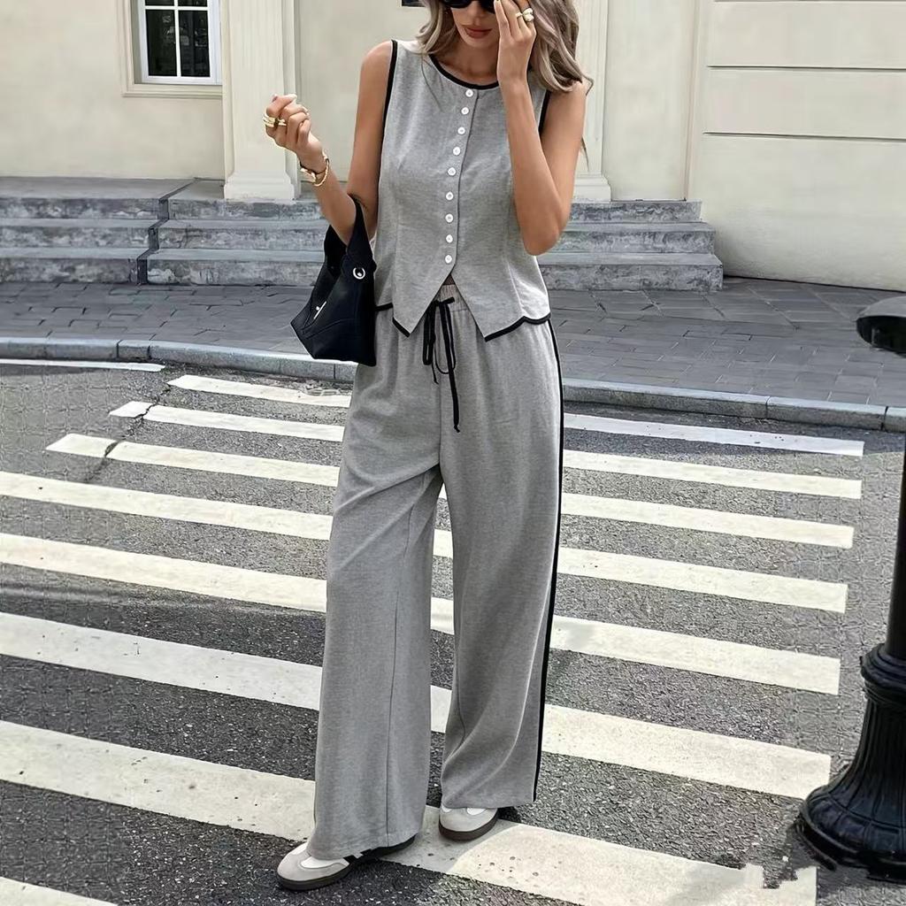 Summer Women Contrast Color Sleeveless Single Breasted Vest + Drawstring Pants Two Peice Set Women Vest Top + Pant Suit