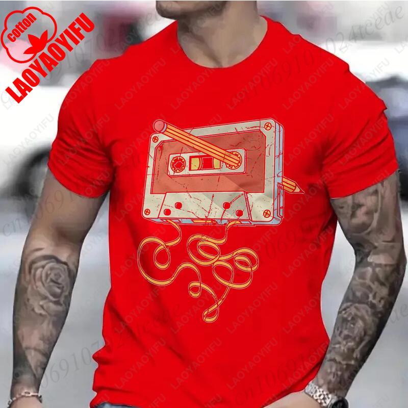 Mens Vintage Cassette Tape with Pencil Tshirt for Guys Funny Graphic Tops Birthday Clothes Fashion Casual Comfortable Cotton Tee