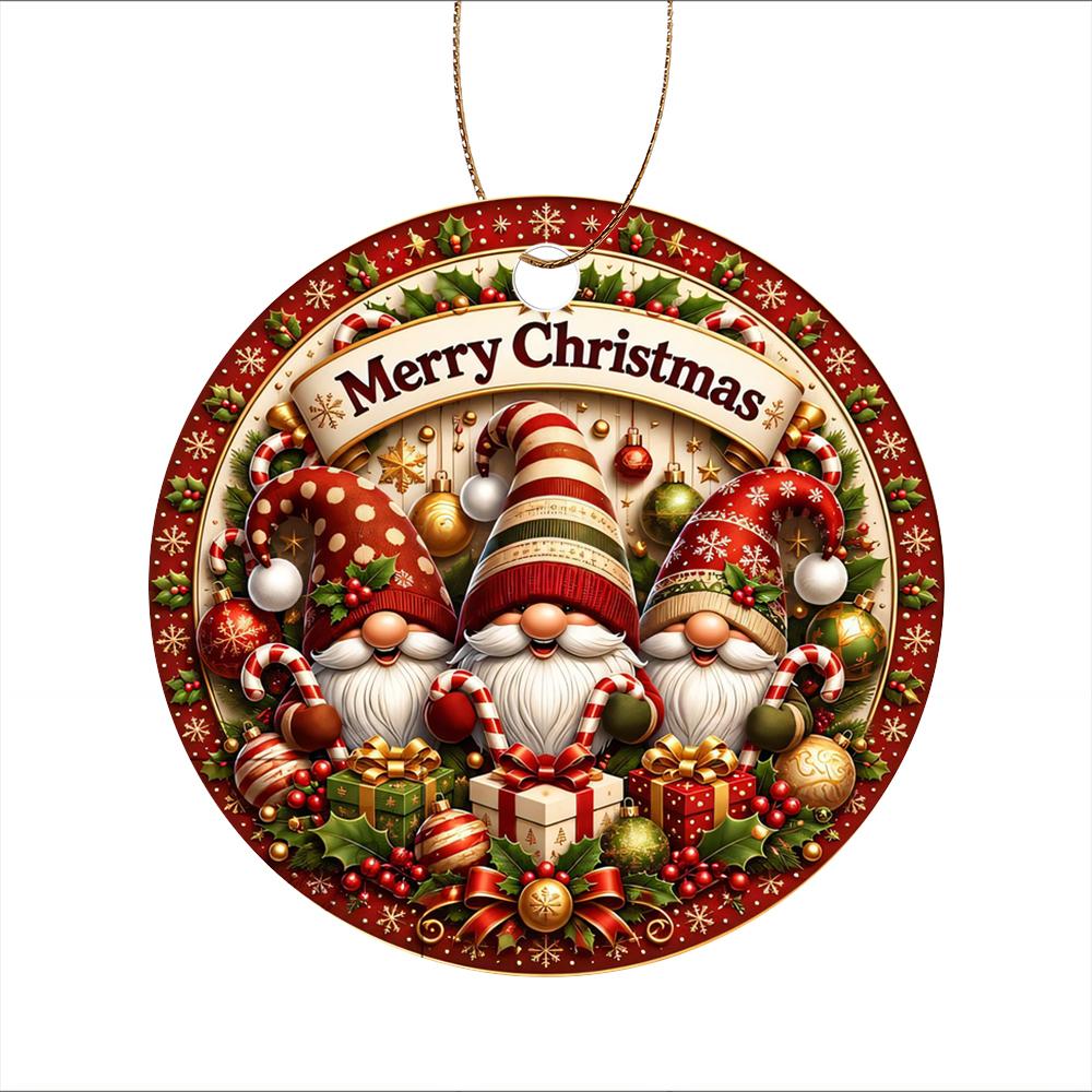 Cute Scandinavian Gnomes with Gifts Acrylic Christmas Tree Ornament festive round hanging sign Christmas tree ornament Xmas party decor
