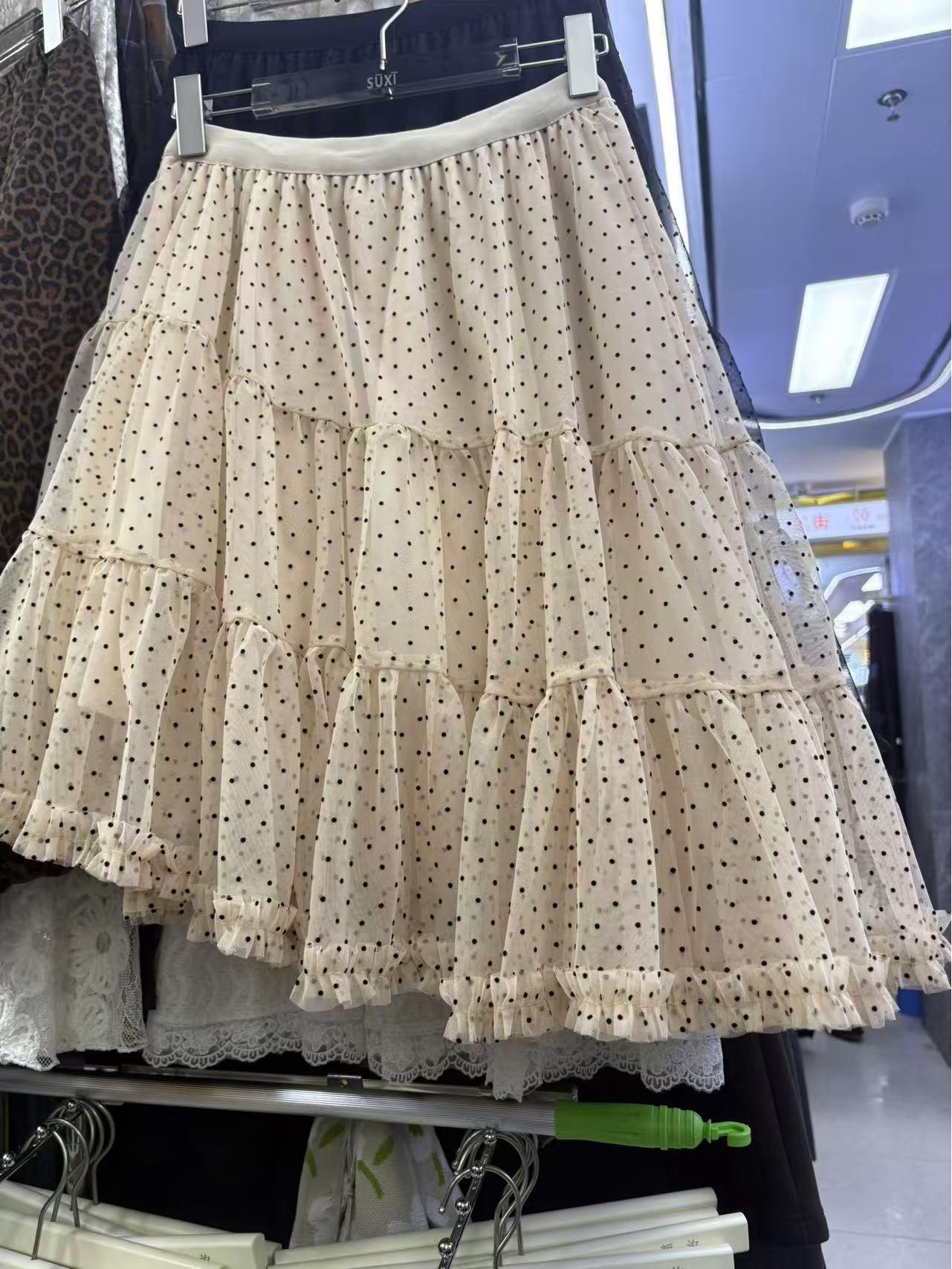 

Mint Green Polka Dot Lace Patchwork Midi Skirt One Size