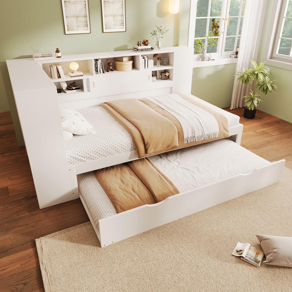 (=WX000707AAK-1) Daybed, 90x200cm(90x190cm), children's bed, without mattress, with pull-out bed, sofa bed with storage compartment with USB, white