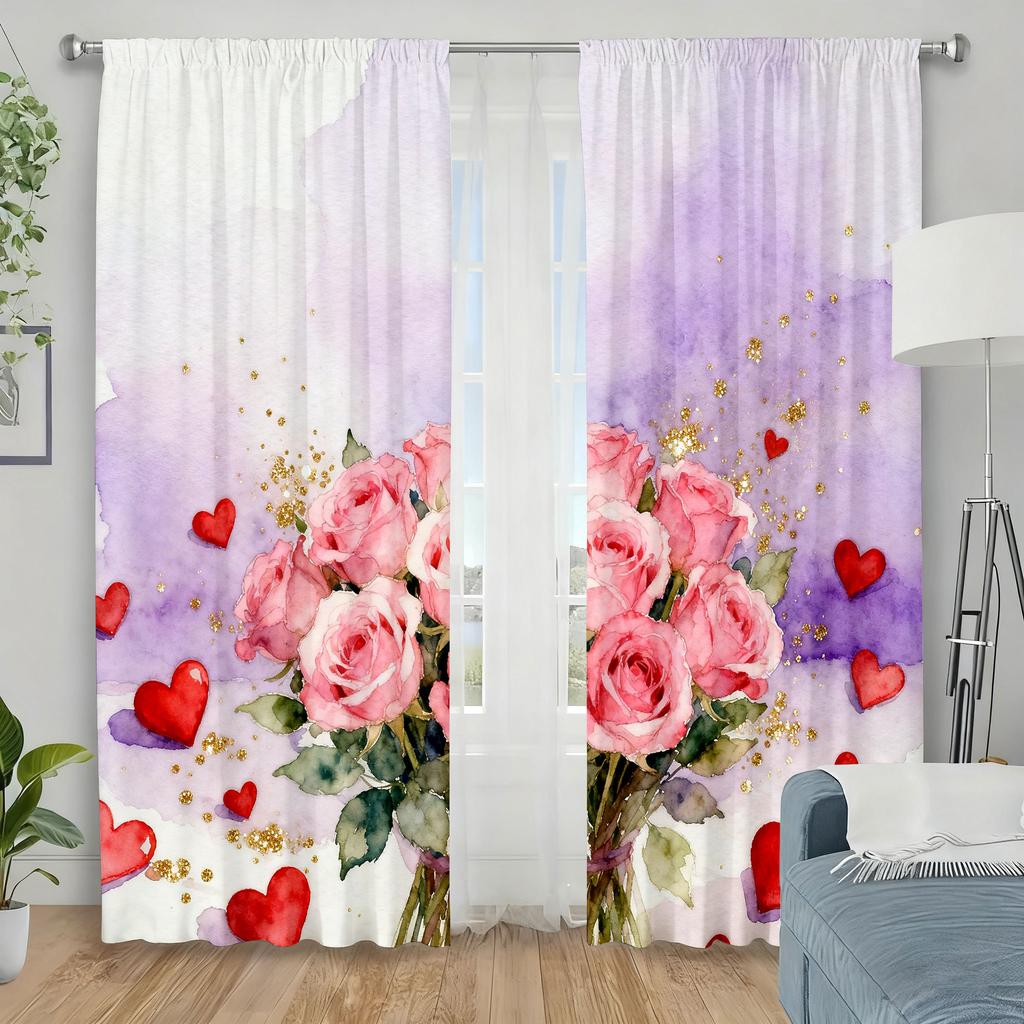2pcs Watercolor Pink Rose & Red Heart Curtains   Perfect for Valentine's Day Window Decor  Rod Pocket Curtains