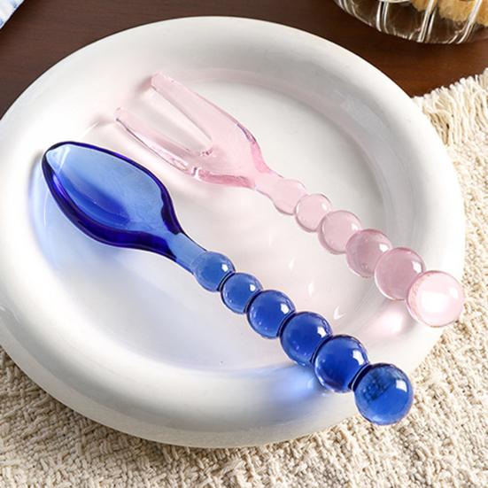 Handmade Vintage Glass Spoon Fork for Coffee Milk Long Handle Stirring Utensil Heat-Resistant Dishwasher Safe Colorful Artistic Tableware Unique
