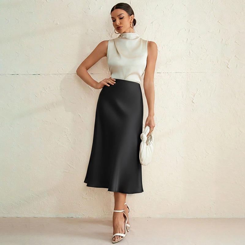 Women High Waist Satin Mermaid Midi Skirt S чёрный