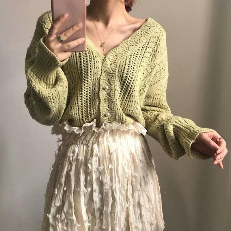 

Модный свитер с V-образным вырезом, элегантный вязаный ажурный, женский, осенне-весенний, женский, милый, 2025, с длинным рукавом, повседневный топ, корейский стиль, трикотаж, осенняя одежда one size зелёный