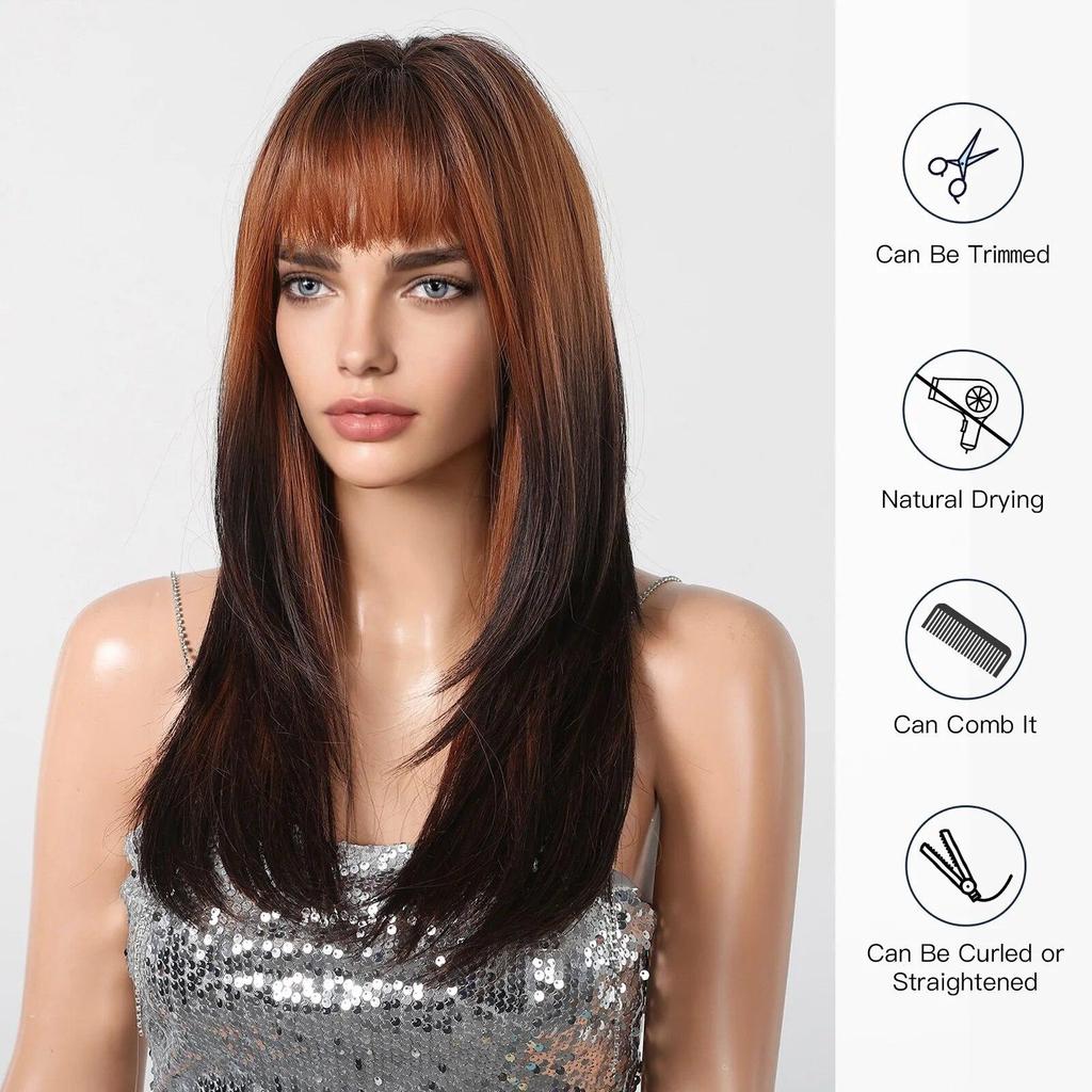 ALAN EATON Light To Dark Brown Layered Wig Long Straight Synthetic Wig Ombre Brown Wig with Bangs for Women for Daily Party Hair